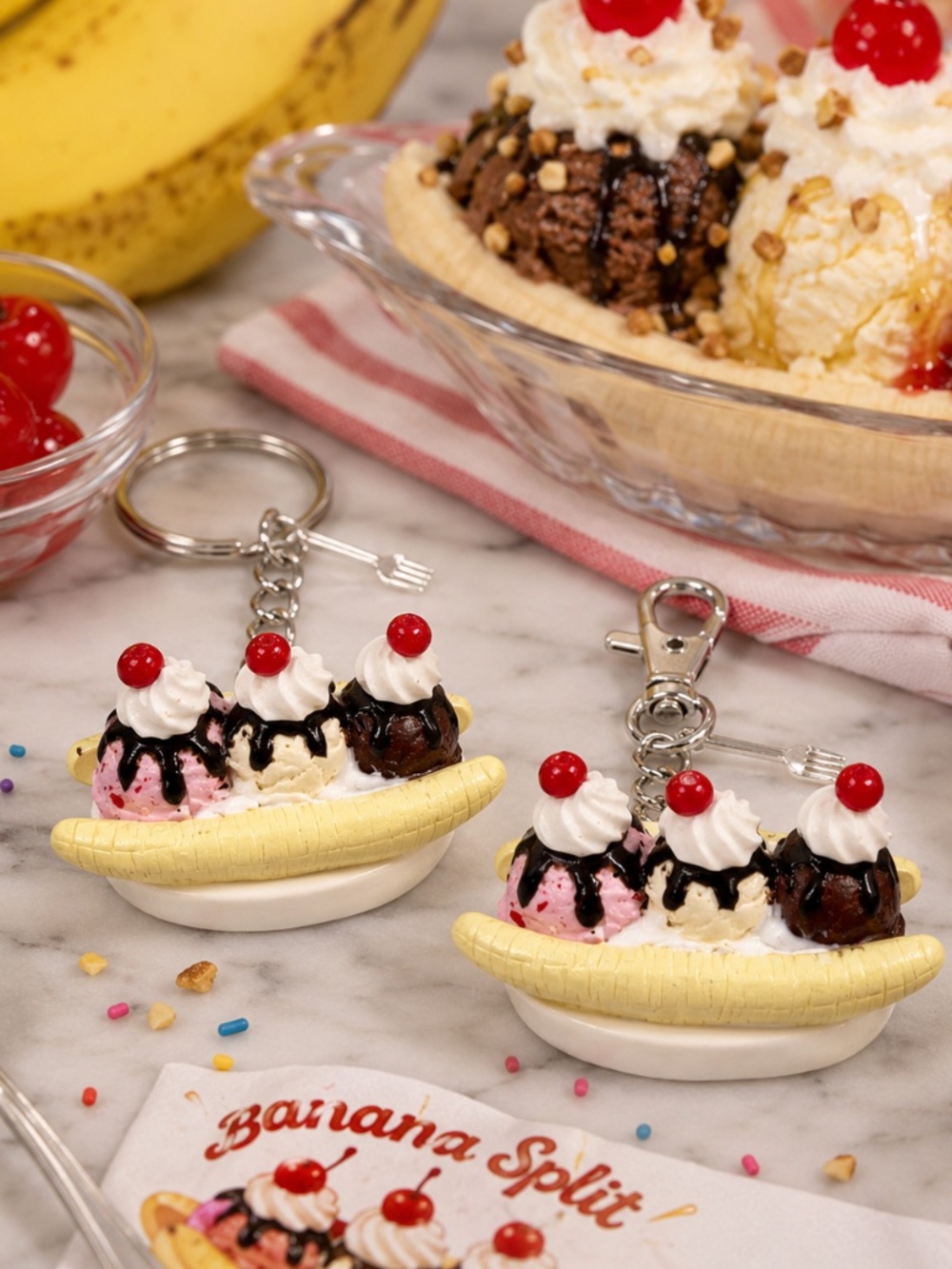 Banana Split Ice Cream Sundae Keychain or Bag Clip – Handmade Dessert Charm